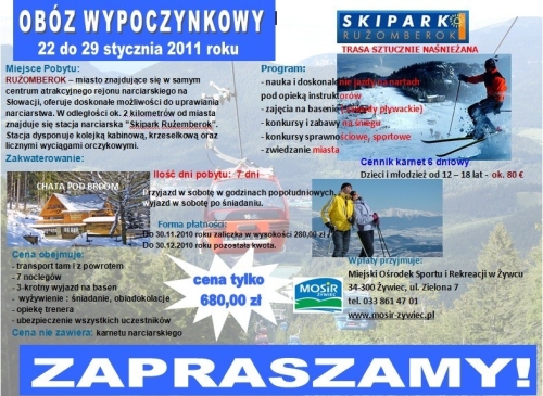 Zaprazszamy na obóz wypoczynkowy-RUŻOMBEROK 22-29 stycznia 2011