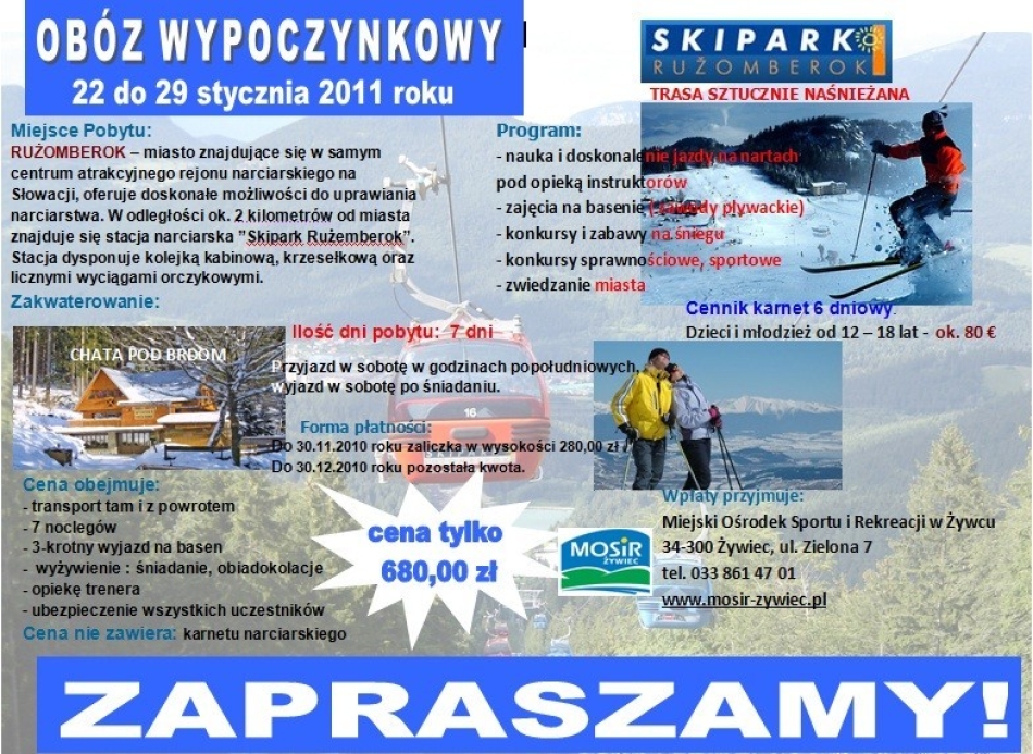Zaprazszamy na obóz wypoczynkowy-RUŻOMBEROK 22-29 stycznia 2011