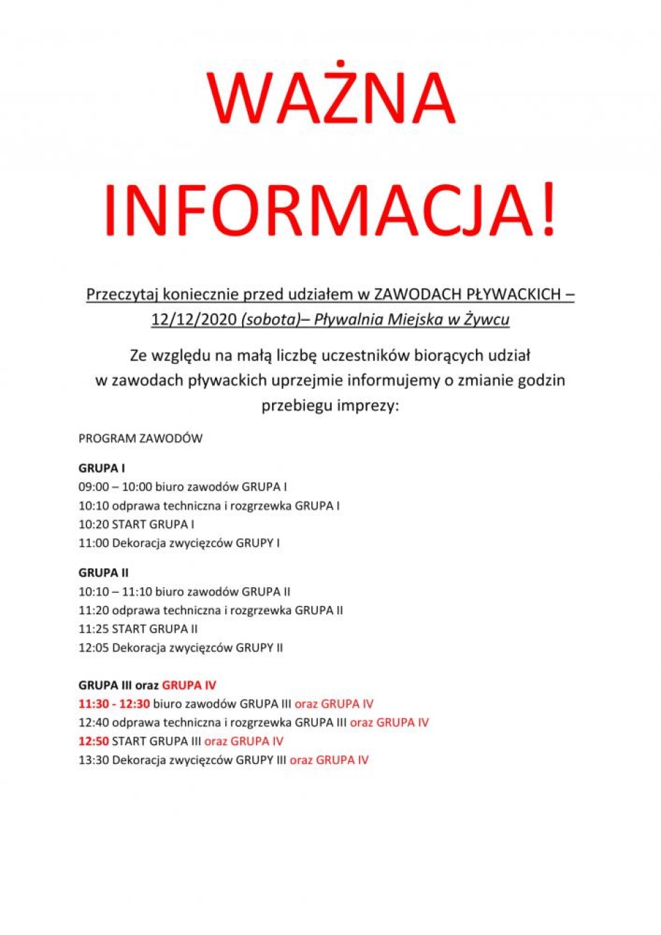 Ważna informacja - zawody pływackie - 12/12/2020